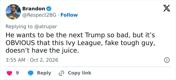 Tweet criticising JD Vance following his remarks to a Black Lawmaker. Tweet criticising JD Vance following his remarks to a Black Lawmaker.
