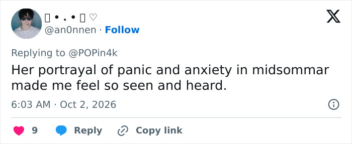 A Twitter post discussing Florence Pugh's portrayal of panic in Midsommar.