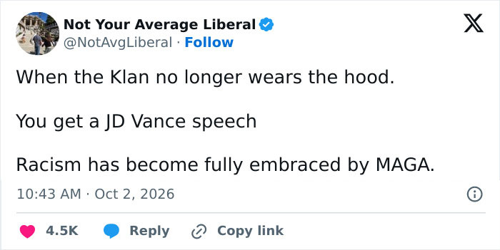 A social media post criticizing a speech by JD Vance regarding racism. A social media post criticizing a speech by JD Vance regarding racism.
