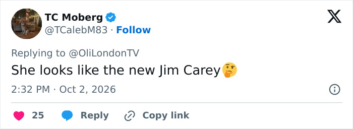 A social media user comment comparing Megan Fox to Jim Carrey regarding her appearance. A social media user comment comparing Megan Fox to Jim Carrey regarding her appearance.