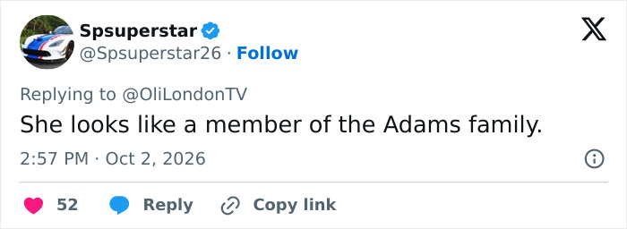 A tweet criticizing Megan Fox appearance, comparing her to an Addams Family member. A tweet criticizing Megan Fox appearance, comparing her to an Addams Family member.