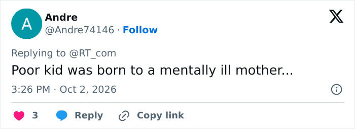 A social media comment discussing a mentally ill mother, relevant to custody battle tragedy. A social media comment discussing a mentally ill mother, relevant to custody battle tragedy.
