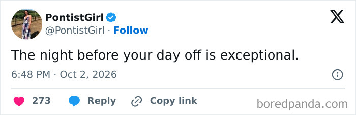 A relatable work tweet about how amazing the night before a day off feels