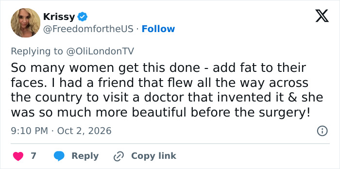 A tweet about cosmetic face surgeries under a discussion on Megan Fox appearance. A tweet about cosmetic face surgeries under a discussion on Megan Fox appearance.