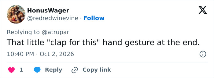 A social media post responding to JD Vance mentioning a clap for this hand gesture. A social media post responding to JD Vance mentioning a clap for this hand gesture.
