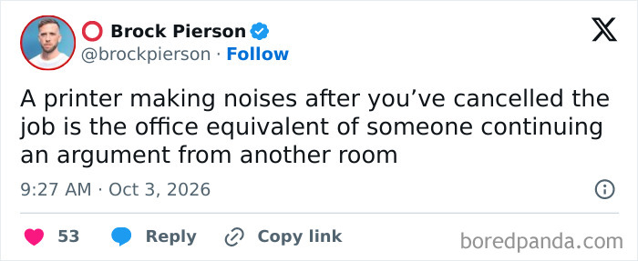 A funny work tweet comparing a noisy canceled print job to an ongoing office argument
