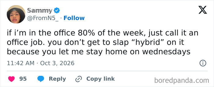 A funny tweet debating hybrid work policies, representing highly relatable work tweets.
