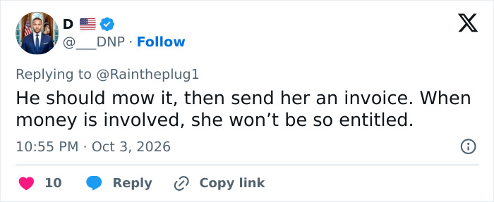 A tweet offering opinions on the debate over a male neighbor not mowing a property line A tweet offering opinions on the debate over a male neighbor not mowing a property line