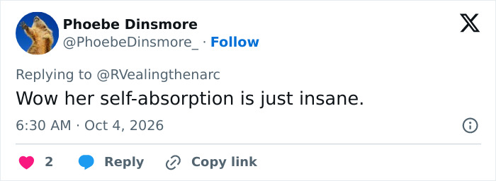 A social media comment criticizing Nicola and Brooklyn Beckham marriage, calling her self-absorption insane
