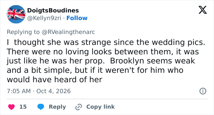 A social media post questioning the authenticity of Brooklyn Beckham and Nicola's marriage.