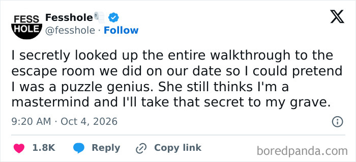 Anonymous confessions social media post about using a walkthrough for an escape room date.