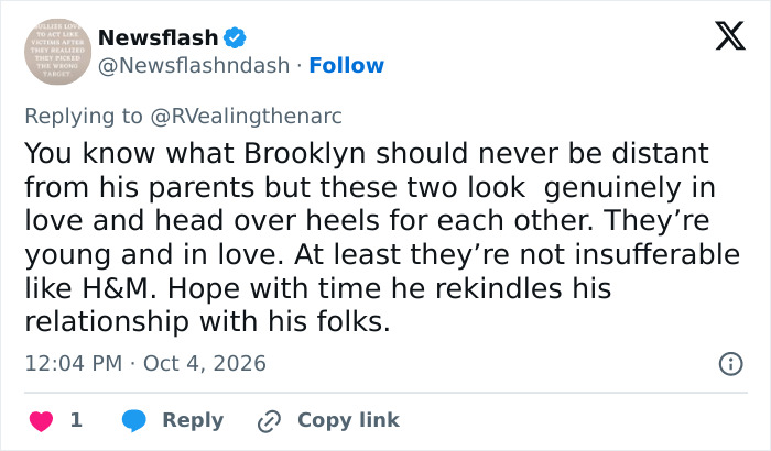 A social media post discussing Brooklyn Beckham and Nicola Peltz&rsquo;s marriage and their family relationships
