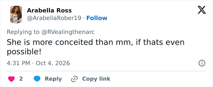 X post discussing Nicola and Brooklyn Beckham marriage calling her conceited