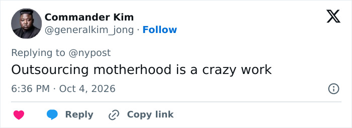 Tweet commenting on outsourcing motherhood, referencing Kim Kardashian and her nannies Tweet commenting on outsourcing motherhood, referencing Kim Kardashian and her nannies