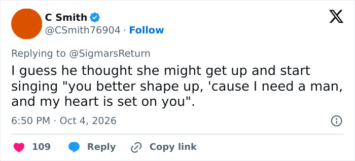 A Tweet by C Smith reacting to a Grease star post, discussing how men lack self-awareness.