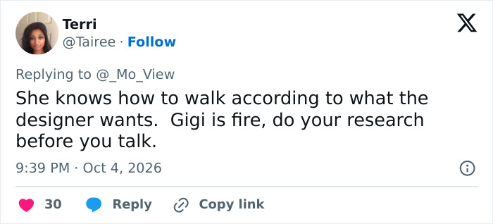 A Tweet praising Gigi Hadid runway return, stating she knows how to walk and is fire A Tweet praising Gigi Hadid runway return, stating she knows how to walk and is fire