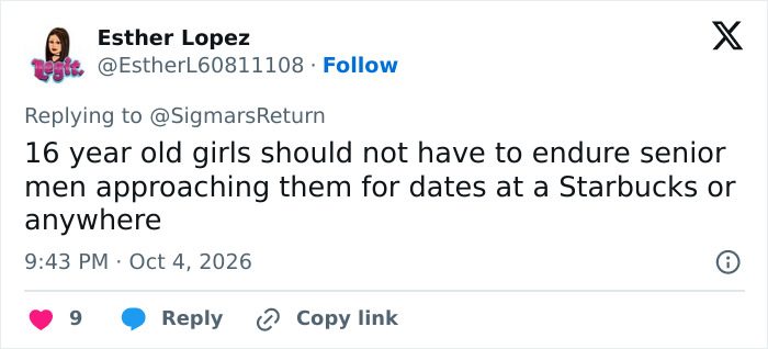 Esther Lopez tweets on senior men approaching young girls, asking how men lack self-awareness.