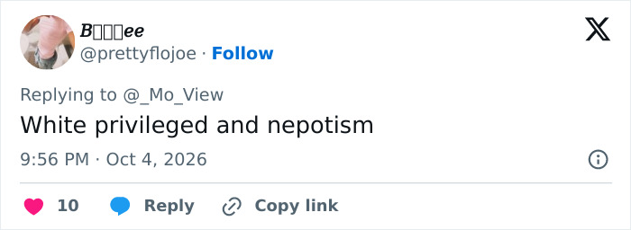 A social media comment referencing nepotism and privilege in the fashion industry A social media comment referencing nepotism and privilege in the fashion industry