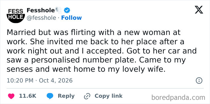 Anonymous confessions online post about avoiding infidelity after seeing a vanity license plate.