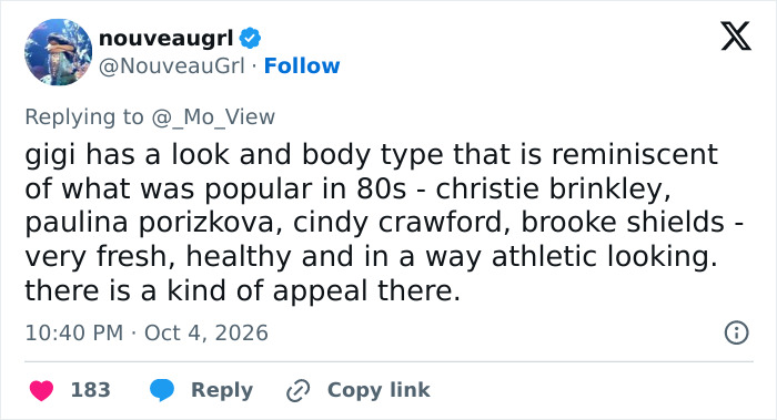 A tweet admiring Gigi Hadid 80s-inspired look and body type, comparing her to classic supermodels A tweet admiring Gigi Hadid 80s-inspired look and body type, comparing her to classic supermodels