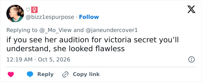A tweet by @bizz1espurpose praising Gigi Hadid's Victoria's Secret audition as flawless. A tweet by @bizz1espurpose praising Gigi Hadid's Victoria's Secret audition as flawless.