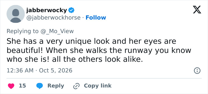 A tweet supporting Gigi Hadid runway return, praising her unique look, beautiful eyes, and runway presence A tweet supporting Gigi Hadid runway return, praising her unique look, beautiful eyes, and runway presence