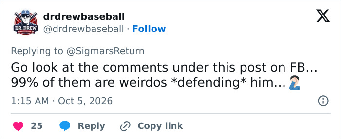 X post discussing how men lack self-awareness, commenting on people defending a creepy Facebook post.