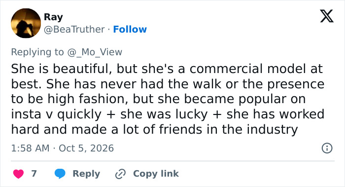 A social media post critiquing a commercial model's skills and social media fame A social media post critiquing a commercial model's skills and social media fame