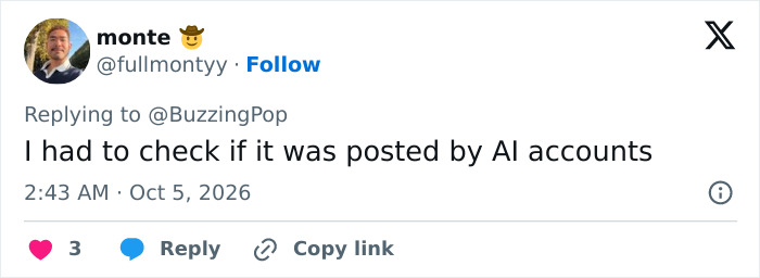 A post questioning if the image is from an AI account, responding to Ryan Seacrest's viral photo. A post questioning if the image is from an AI account, responding to Ryan Seacrest's viral photo.