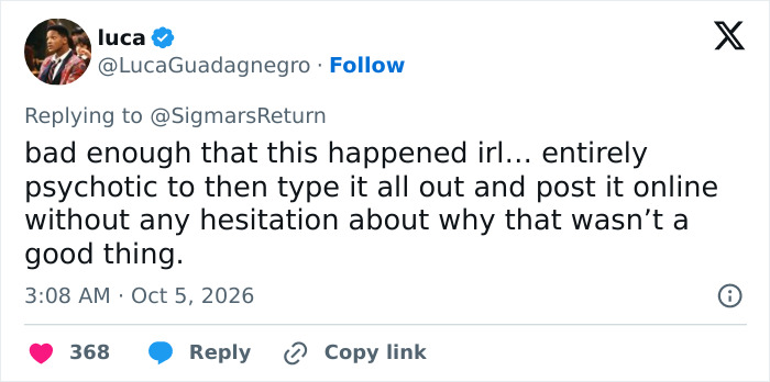 A Twitter reply by Luca regarding how do men lack self-awareness on social media