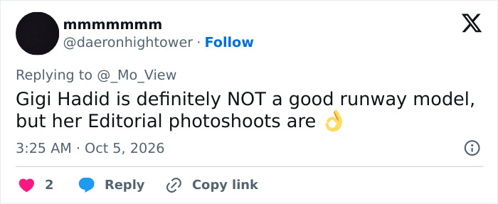 Tweet criticizing Gigi Hadid runway model skills for not being a good runway model. Tweet criticizing Gigi Hadid runway model skills for not being a good runway model.