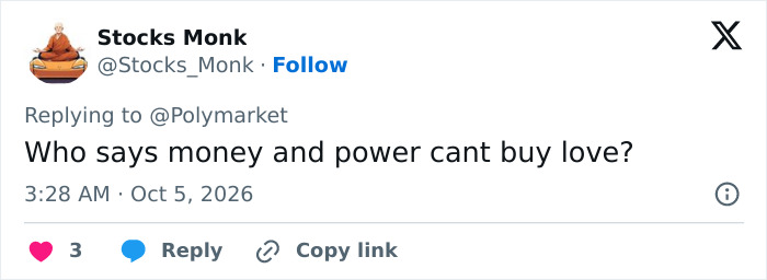 Tweet asking if money and power buy love, reflecting on Kash Patel's Engagement