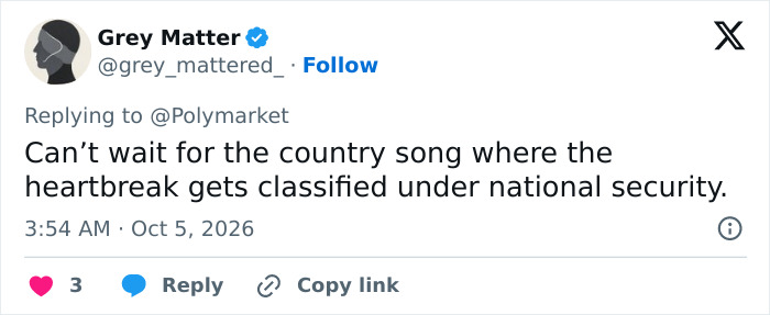 Tweet joking about national security and a country song after Kash Patel's sudden engagement.
