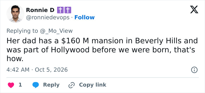 Tweet highlighting family wealth in Beverley Hills in discussion of Gigi Hadid runway return. Tweet highlighting family wealth in Beverley Hills in discussion of Gigi Hadid runway return.