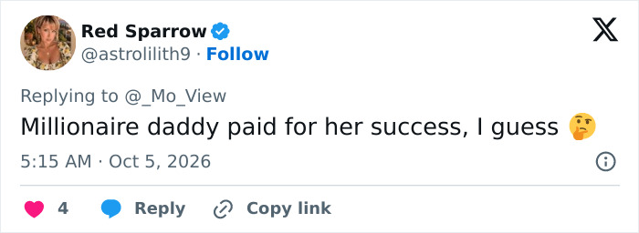 Social media comment on nepotism claiming a millionaire father paid for success Social media comment on nepotism claiming a millionaire father paid for success