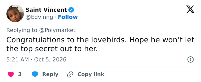 A tweet on Kash Patel engagement from Saint Vincent wishing the lovebirds well