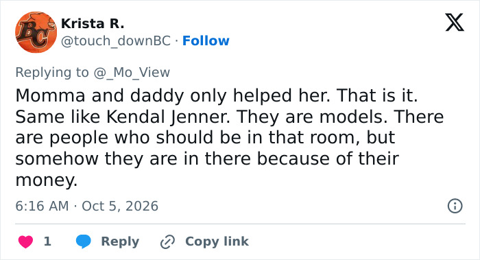 A social media post calling out family privilege and wealth in the modeling industry A social media post calling out family privilege and wealth in the modeling industry