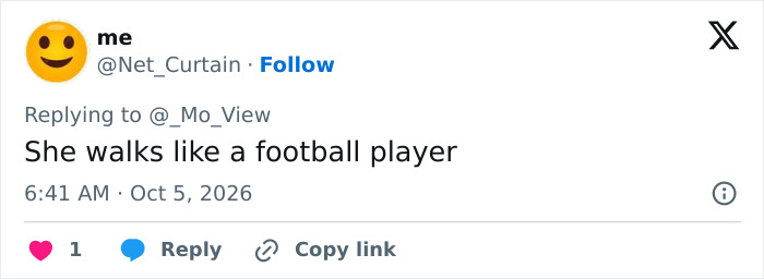 A critical social media tweet commenting on a model's runway walk A critical social media tweet commenting on a model's runway walk