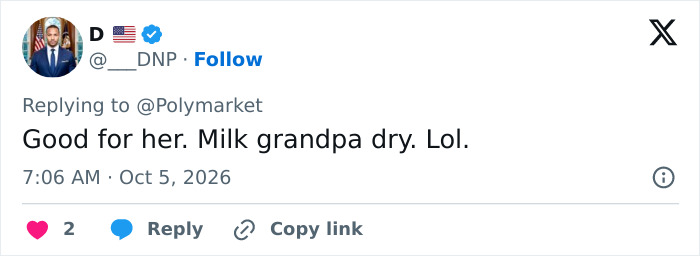 A tweet criticizing Kash Patel engagement on X, mentioning milk grandpa dry