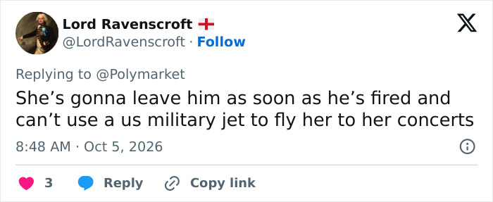 A social media comment criticizing Kash Patel's engagement regarding a military jet use.