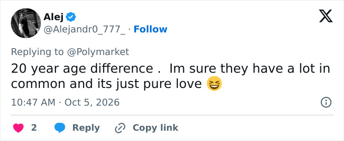 Social media comment highlighting the 20-year age difference in Kash Patel's engagement.