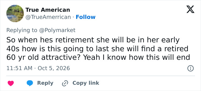 A Tweet criticizing the age difference after Kash Patel's sudden engagement.