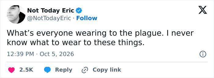 A social media post asking about outfit ideas for the Russian plague as a dark humor meme