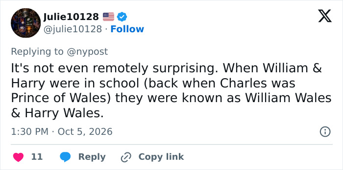 A social media comment discussing Prince George and other royals using ordinary names at school. A social media comment discussing Prince George and other royals using ordinary names at school.