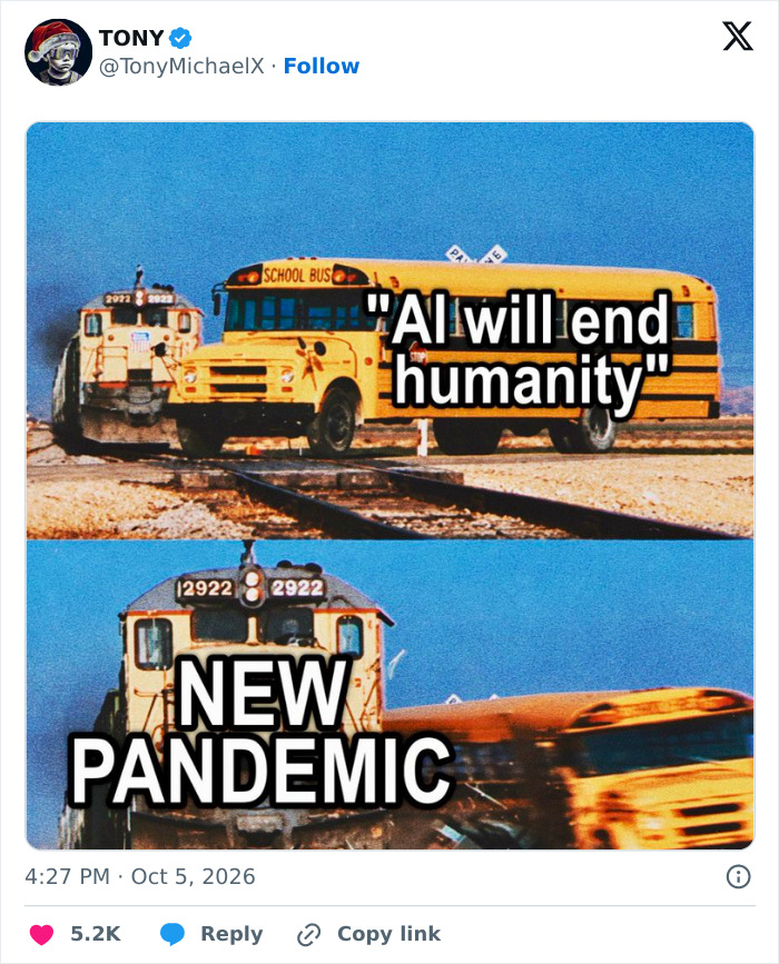 A meme comparing threat of AI ending humanity vs a new pandemic train crashing into a school bus