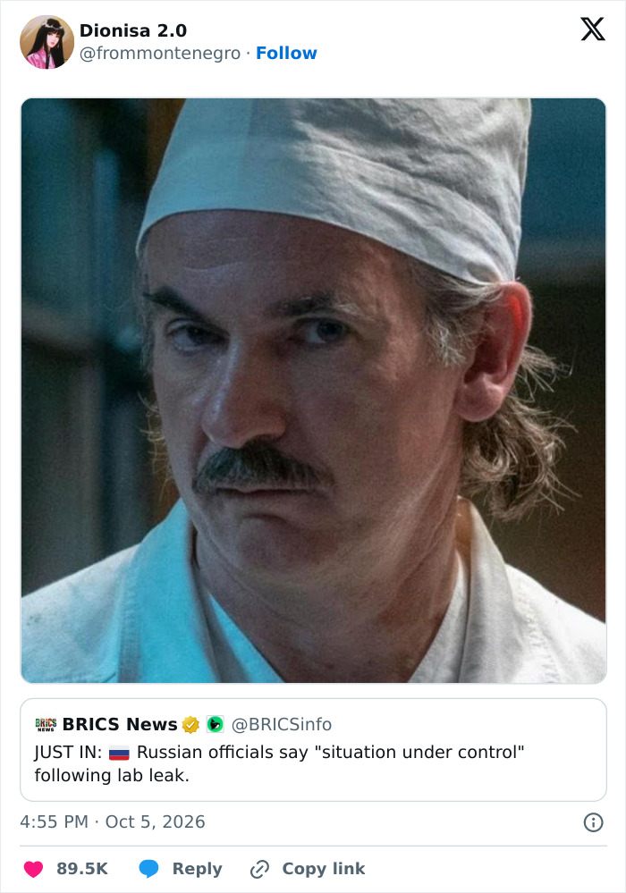 Close-up of a concerned Russian official in a medical cap with a social media post about a Russian plague lab leak