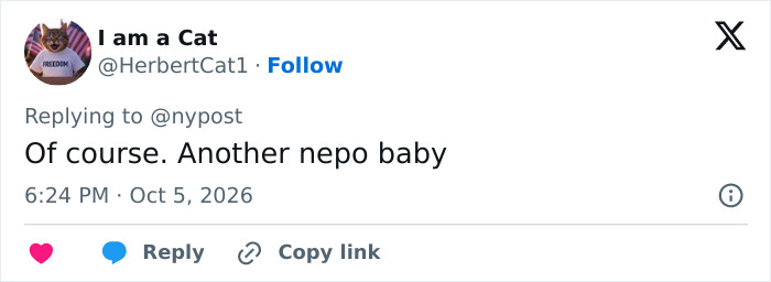 A social media post criticizing Heidi Klum's daughter by calling her another nepo baby amidst nepotism controversy A social media post criticizing Heidi Klum's daughter by calling her another nepo baby amidst nepotism controversy