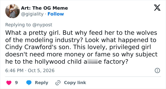 Social media post discussing nepotism and the impact of the modeling industry on young individuals. Social media post discussing nepotism and the impact of the modeling industry on young individuals.