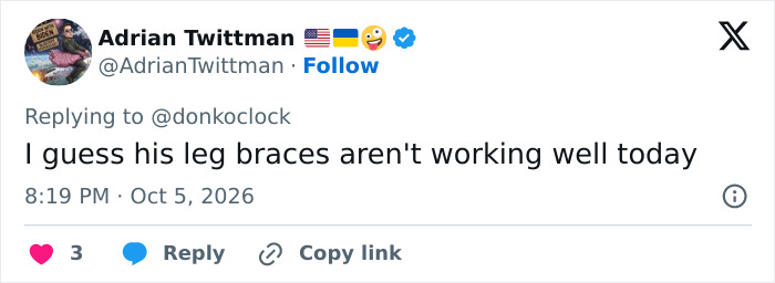 A social media post about Trump's path to Air Force One, mentioning leg braces. A social media post about Trump's path to Air Force One, mentioning leg braces.