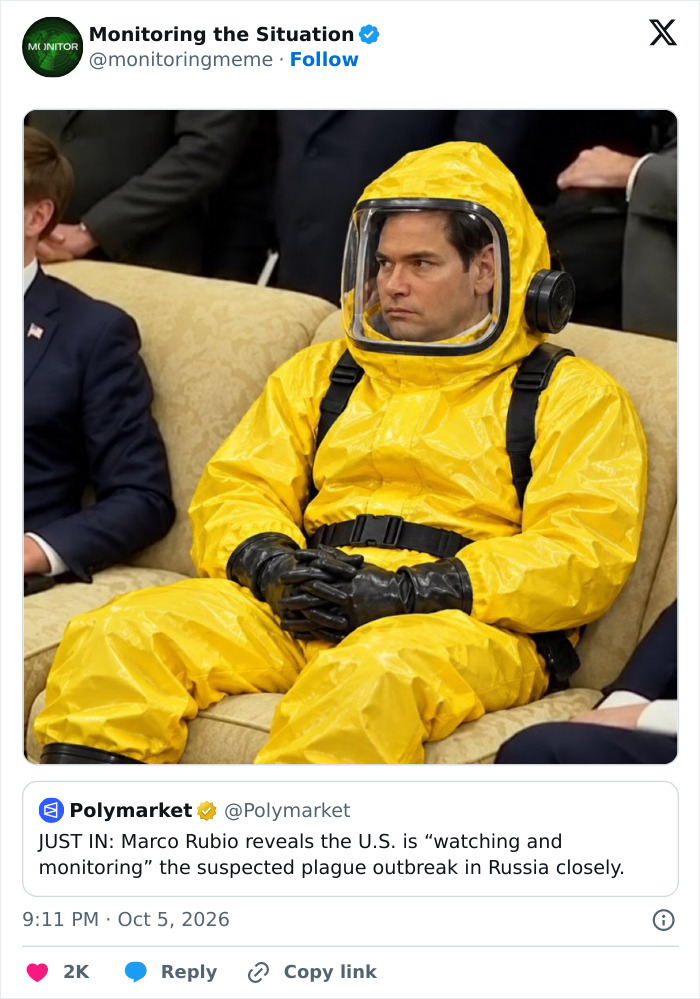 Meme of Marco Rubio sitting in a yellow hazmat suit, watching the suspected plague outbreak in Russia